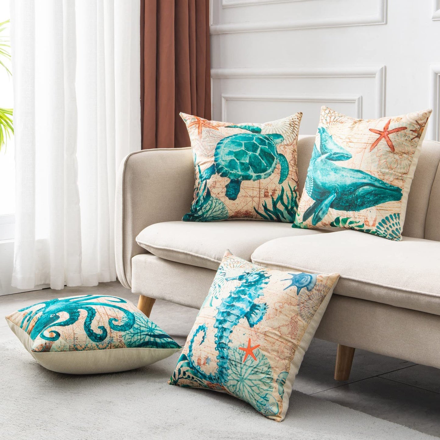 Cushion Covers Sea Turtle Print – Coastal Throw Pillow Cases for Sofa, Chair & Home Decor