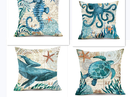 Cushion Covers Sea Turtle Print – Coastal Throw Pillow Cases for Sofa, Chair & Home Decor
