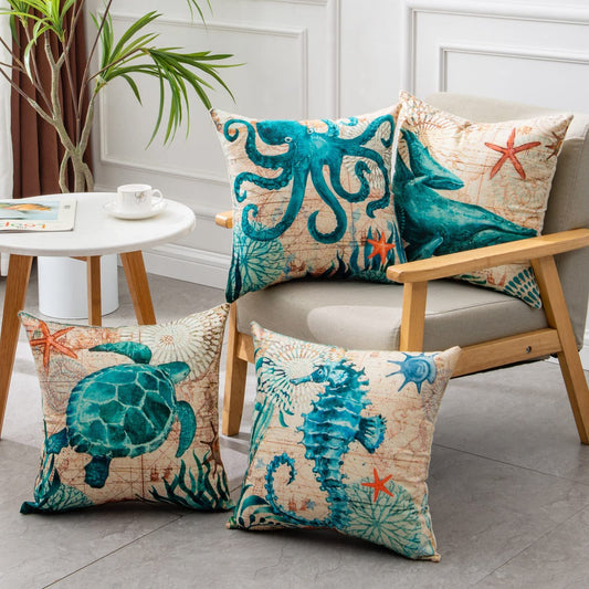 Cushion Covers Sea Turtle Print – Coastal Throw Pillow Cases for Sofa, Chair & Home Decor