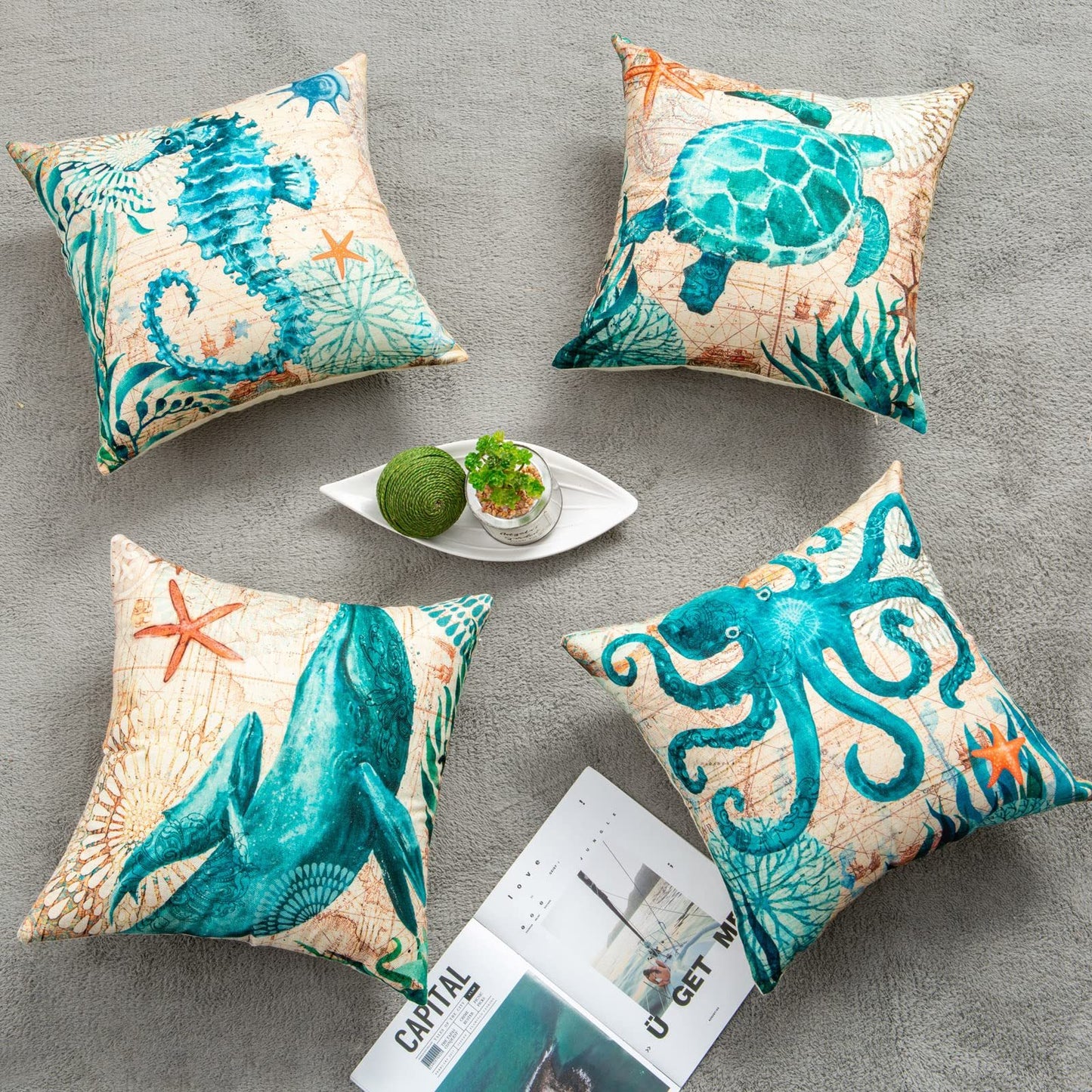 Cushion Covers Sea Turtle Print – Coastal Throw Pillow Cases for Sofa, Chair & Home Decor